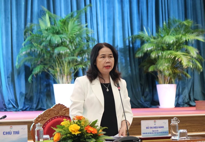 Bà Đỗ Thị Diệu Hạnh - Giám đốc Sở VHTT&DL tỉnh Gia Lai trao đổi thông tin.
