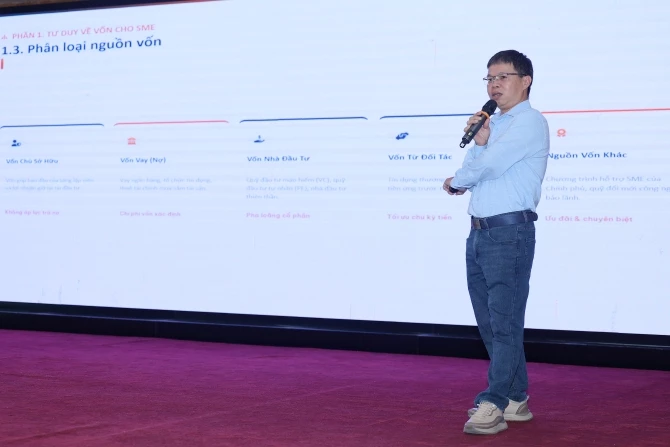 Ông Vũ Anh Đông - chuyên gia Ban Tư vấn tài chính hỗ trợ doanh nghiệp trình bày tại chương trình đào tạo.