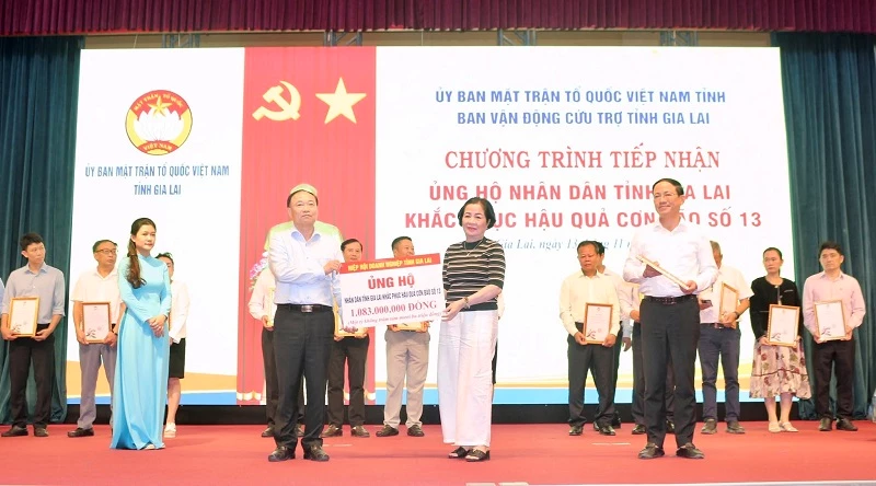 Bà Nguyễn Thị Sen - Chủ tịch Hiệp hội Doanh nghiệp tỉnh Gia Lai đại diện các doanh nghiệp hội viên trao ủng hộ hơn 1 tỷ đồng cùng tỉnh chung tay khắc phục hậu quả thiên tai cuối năm 2025.