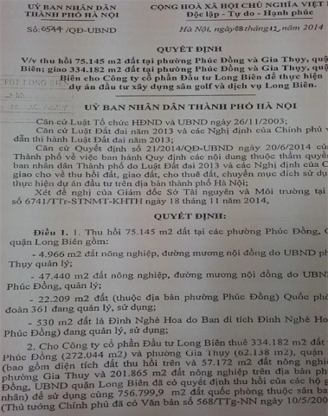 Quyết định thu hồi đất của UBND Thành phố Hà Nội