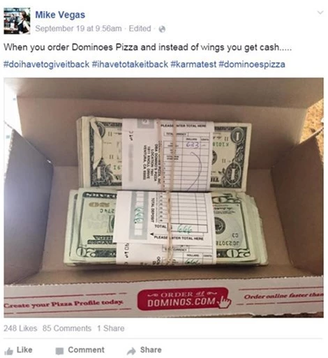 Hình ảnh số tiền gần 1.3000 USD Vegas đăng trên Facebook.