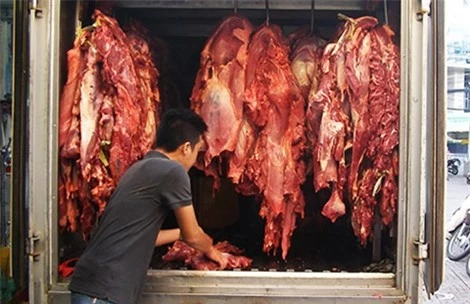Trạm Thú y quận Tân Bình tạm giữ 870 kg thịt và phụ phẩm bò bơm nước để xử lý. Ảnh: Pháp luật TPHCM
