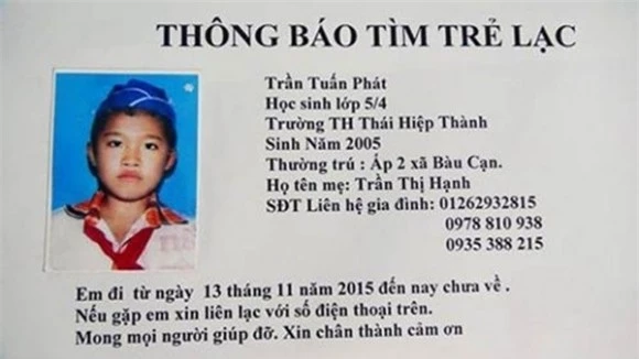 Bé Trần Tuấn Phát được tìm thấy sau gần 20 ngày mất tích