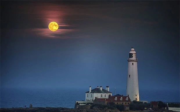 “Siêu trăng” tỏa sáng trên ngọn hải đăng nổi tiếng St Mary's ở vịnh Whitley, Anh.