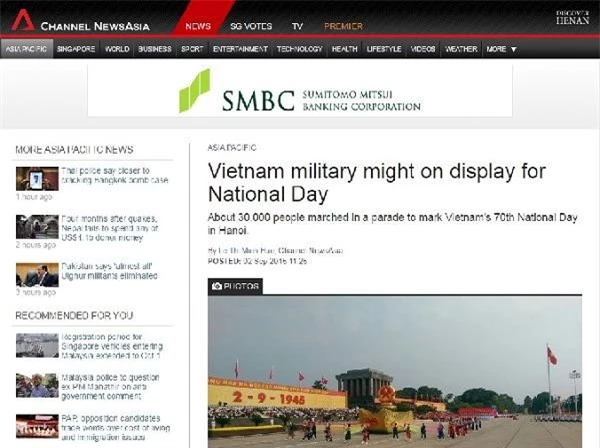Bài viết về lễ mít tinh, diễu binh, diễu hành trên trang Channel NewsAsia hôm nay (Ảnh chụp từ màn hình) .