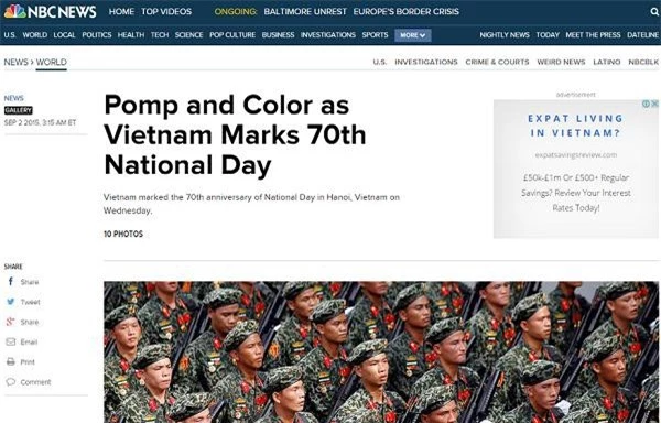 Bài viết về lễ lễ mít tinh, diễu binh, diễu hành nhân ngày Quốc Khánh Việt Nam trên trang NBC News của Mỹ hôm nay. Ảnh: ANTT.