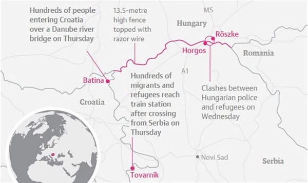 Lộ trình người tị nạn chuyển hướng từ biên giới Hungary sang Croatia (Ảnh: The Guardian)