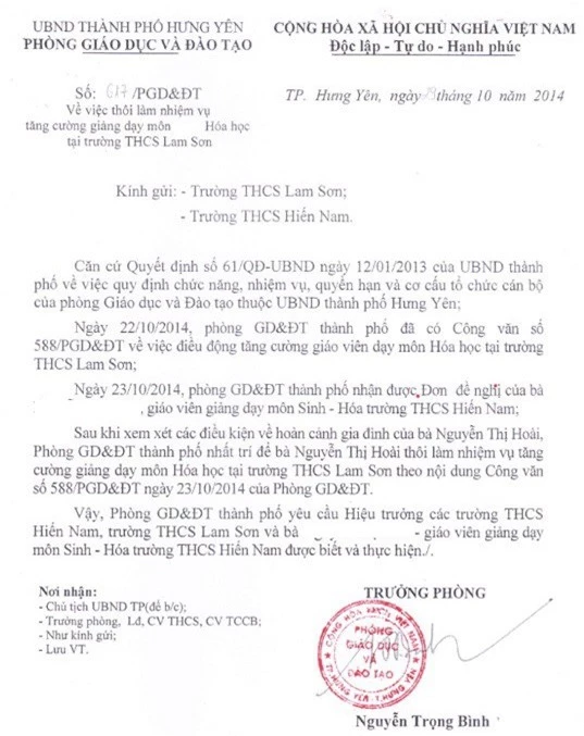 Văn bản do Trưởng phòng GD&ĐT Tp. Hưng Yên ký hủy Công văn số 558 về việc điều động chị H. đi tăng cường dạy trường khác, trong khi chị H. vẫn đang trong thời gian nuôi con nhỏ.