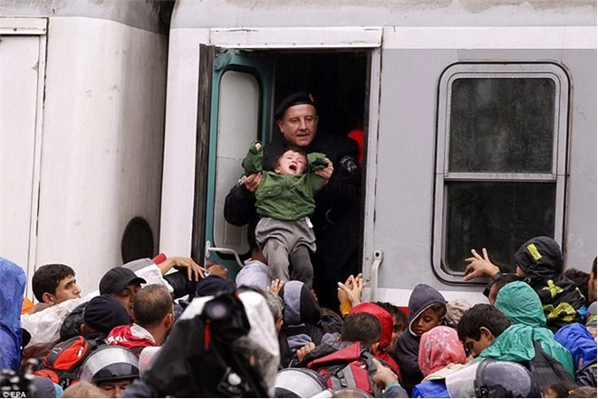 Một em bé được chú cảnh sát Croatia đỡ lên tàu giữa đám đông chen chúc, xô đẩy. 