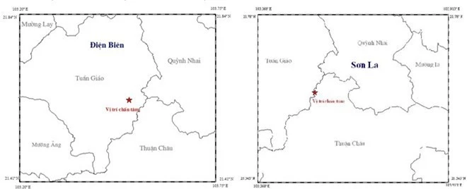 Vị trí hai trận động đất tại Điện Biên và Lai Châu. Ảnh: Viện Vật lý Địa cầu 