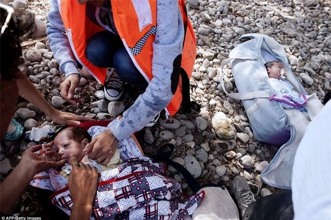 Cặp song sinh được đặt trên bãi biển đầy đá sau khi vào bờ an toàn hôm qua. Bố mẹ hai bé mạo hiểm mạng sống của mình và các con để lên chiếc thuyền hơi đi tìm miền đất hứa. Hành trình của gia đình người Syria này bắt đầu ở Thổ Nhĩ Kỳ và cập bờ đảo Lesbos, Hy Lạp. 