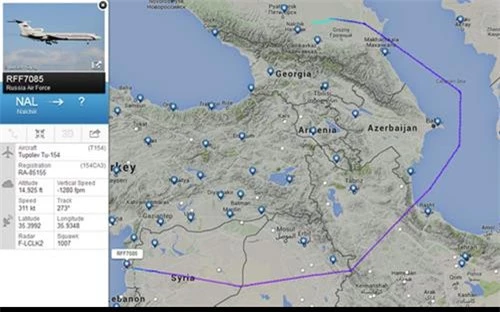 tuyến đường di chuyển của các chiến đấu cơ từ Nga tới Syria. 