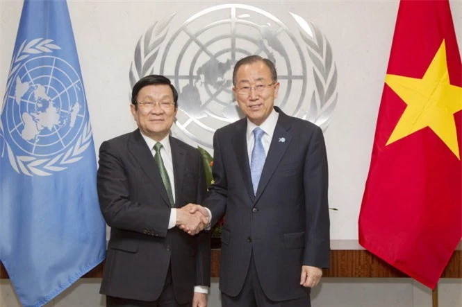 Chủ tịch nước Trương Tấn Sang hội kiến với Tổng Thư ký Liên hợp quốc Ban Ki Moon nhân chuyến dự Hội nghị thượng đỉnh Liên Hợp Quốc.