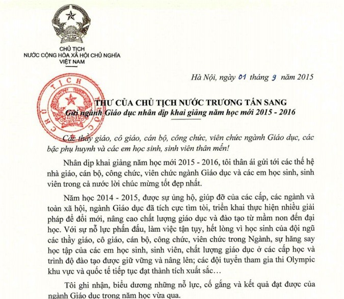 Thư Chủ tịch nước gửi ngành Giáo dục nhân dịp khai giảng năm học mới 2015 - 2016