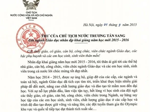 Thư Chủ tịch nước gửi ngành Giáo dục nhân dịp khai giảng năm học mới 2015 - 2016