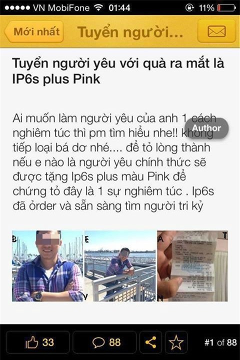  Sốc chàng trai tuyển người yêu tặng kèm iPhone 6S plus hồng