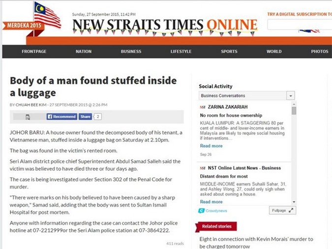 Malaysia: Tìm thấy xác một người Việt đang phân hủy trong vali hành lý