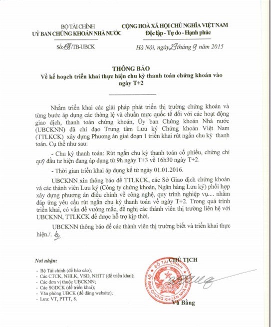 Rút ngắn chu kỳ thanh toán về ngày T+2 từ 1/1/2016