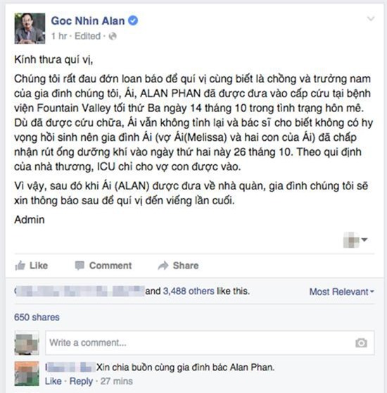 Tiến sĩ kinh tế Alan Phan đang trong tình trạng nguy kịch tại Mỹ