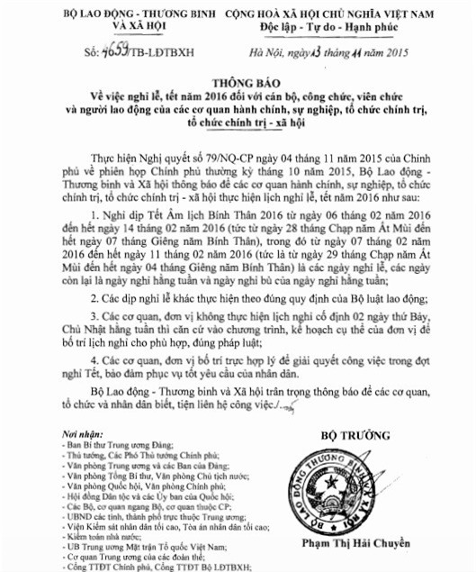 Bộ LĐTB&XH chính thức thông báo lịch nghỉ lễ, Tết Âm lịch 2016