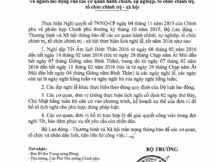 Bộ LĐTB&XH chính thức thông báo lịch nghỉ lễ, Tết Âm lịch 2016
