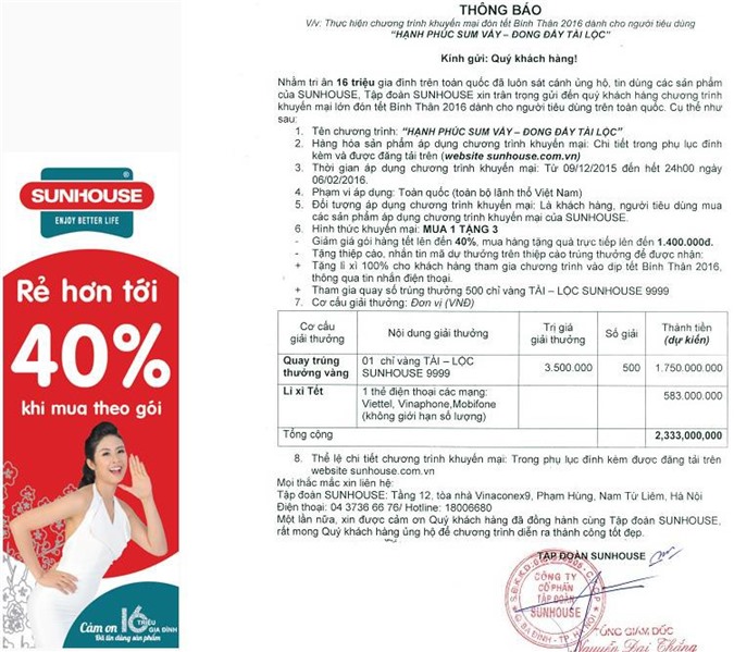 Công ty Sunhouse: Tung khuyến mại lớn, "lừa bịp" khách hàng?