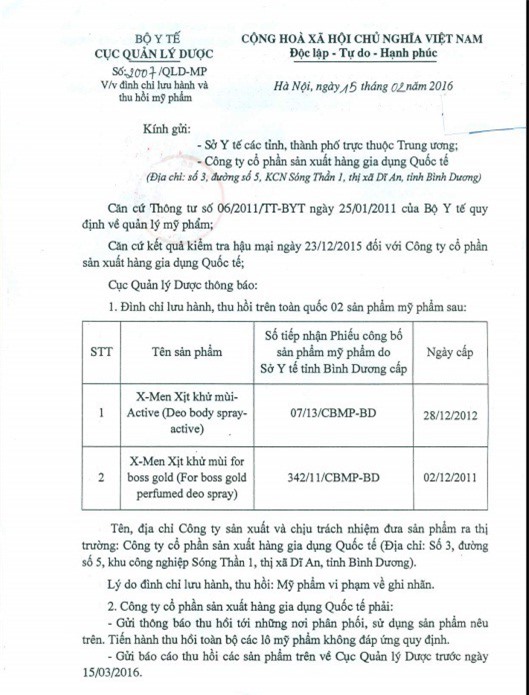 Đình chỉ lưu hành và thu hồi toàn quốc 2 sản phẩm xịt khử mùi X-Men