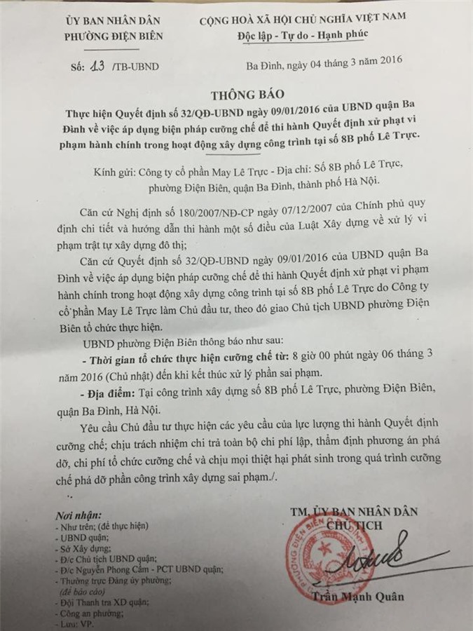 Bắt đầu cưỡng chế phần sai phạm cao ốc 8B Lê Trực từ hôm nay (6/3)