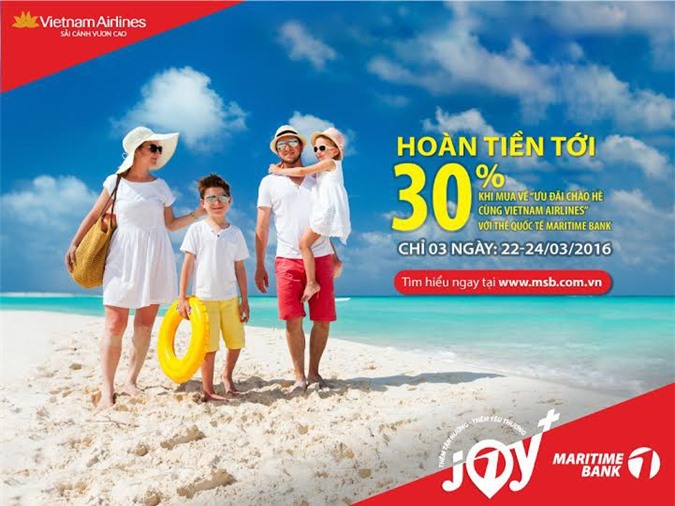 Hoàn tiền thêm 30% cho chủ thẻ Maritime Bank Master Card khi mua vé ưu đãi của VNA