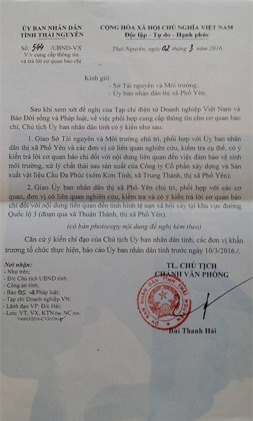 Thái Nguyên: Sở TN&MT có “ưu ái” trước những sai phạm của Cty Đa Phúc?