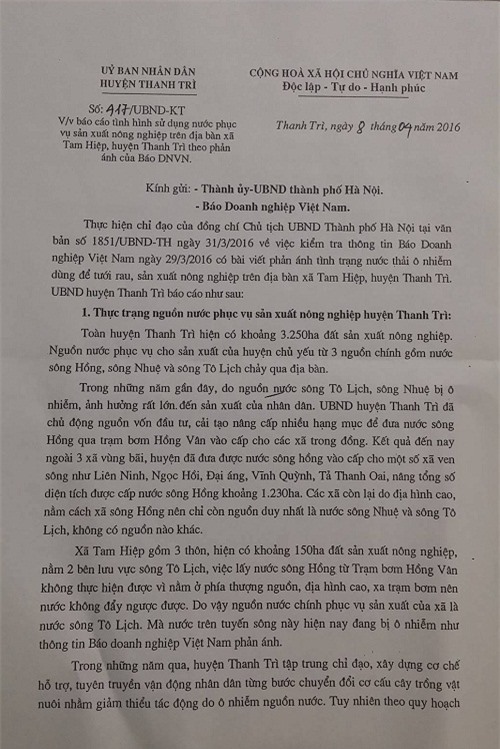 UBND huyện Thanh Trì báo cáo "lửng lơ" về tình trạng ô nhiễm tại Tam Hiệp