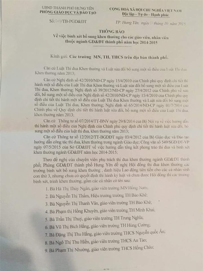 Vụ nhà giáo mất thi đua tại Hưng Yên: Mỏi mòn chờ kết luận của Thành uỷ