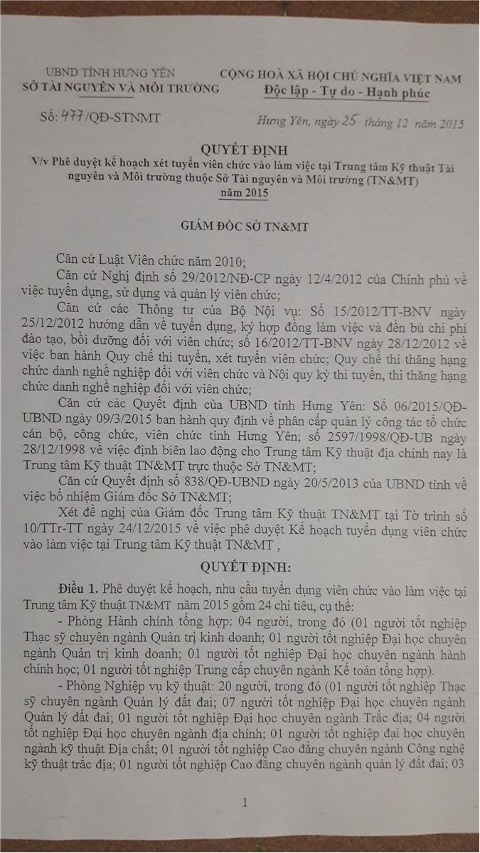 Vụ xét tuyển viên chức sai quy định tại Hưng Yên: Trách nhiệm xử lý phải là Sở TN&MT