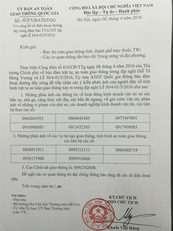 Công bố đường dây nóng phản ánh về giao thông dịp 30/4-1/5