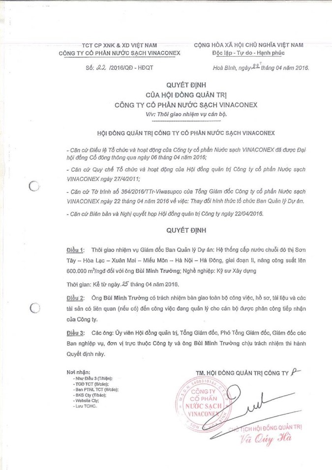 Giám đốc dự án ống nước sông Đà 2 bị miễn nhiệm