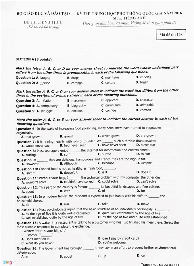 Kỳ thi THPT Quốc gia: Đáp án và đề thi môn Toán, Tiếng Anh
