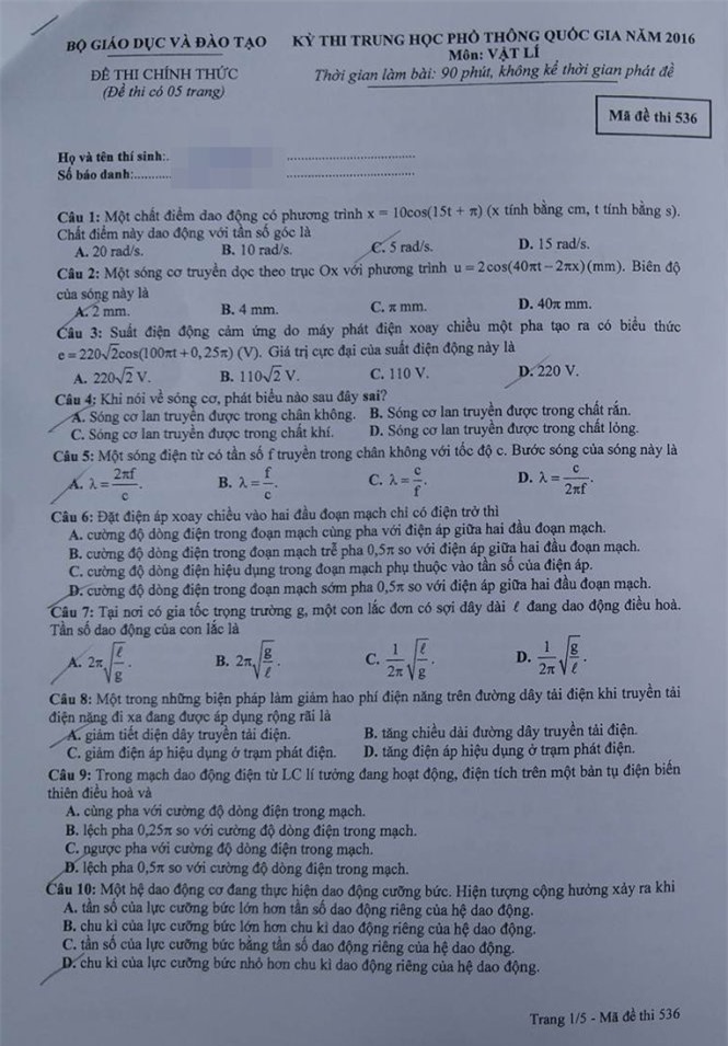 Đề thi và đáp án chi tiết môn Vật Lý THPT Quốc gia năm 2016