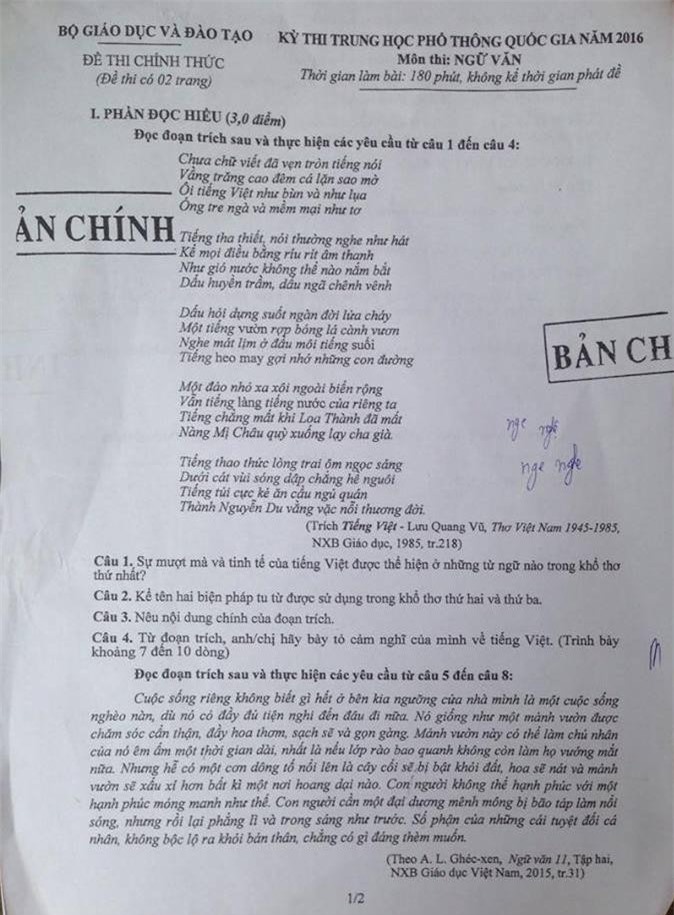 Đề thi, đáp án kỳ thi THPT môn Ngữ Văn năm 2016