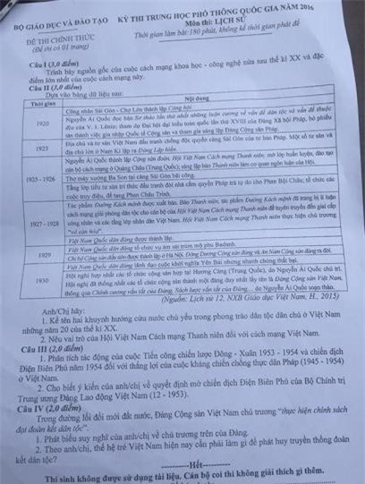 Đề thi và gợi ý đáp án môn Lịch Sử THPT Quốc gia 2016