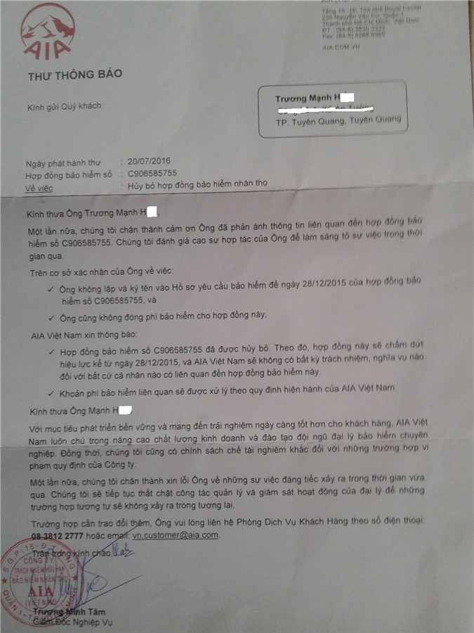 AIA Tuyên Quang lập hợp đồng khống: AIA Việt Nam thừa nhận sai, hủy bỏ hợp đồng