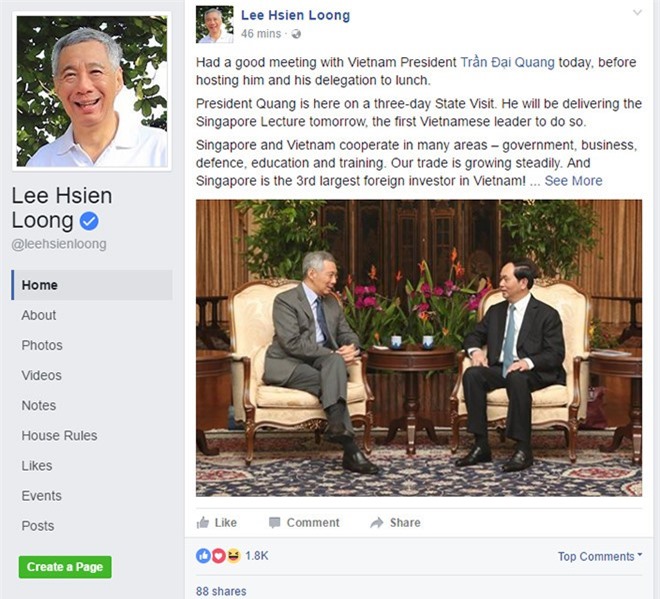 Thủ tướng Singapore đăng ảnh gặp Chủ tịch nước Trần Đại Quang lên Facebook