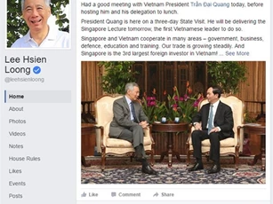 Thủ tướng Singapore đăng ảnh gặp Chủ tịch nước Trần Đại Quang lên Facebook