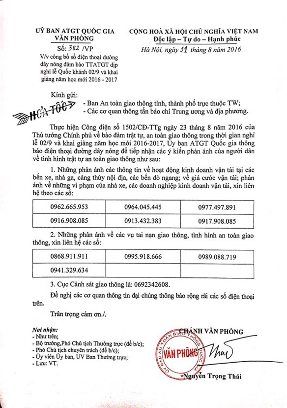 Công bố số điện thoại đường dây nóng bảo đảm TTATGT dịp 2/9