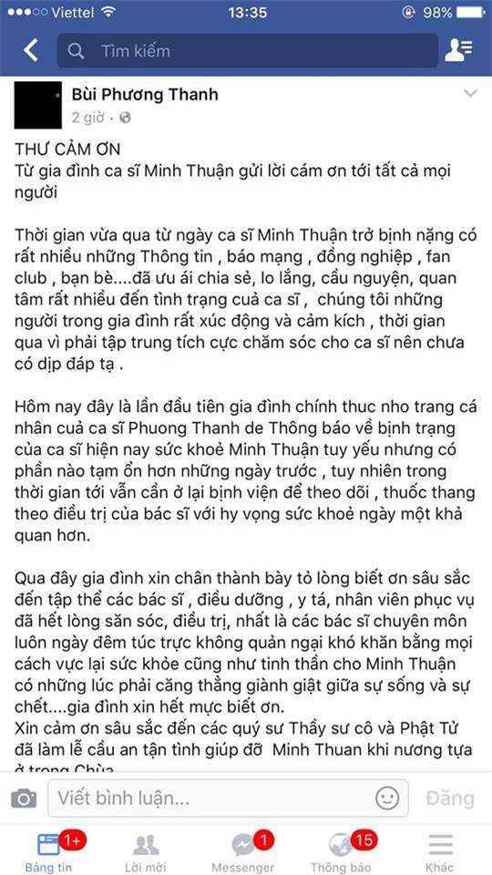 Minh Thuận viết tâm thư gửi lời cảm ơn tới tất cả mọi người