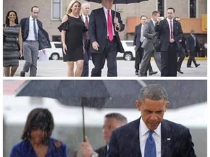 Obama và Trump cùng đi dưới mưa, nhưng chỉ có 1 người "ga-lăng"