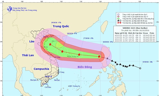 Bão Sarika tăng cấp tấn công Biển Đông, có thể đổi hướng
