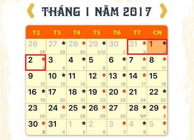 Tết dương lịch năm 2017 được nghỉ mấy ngày?