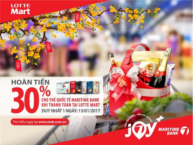Hoàn tiền 30% một ngày duy nhất tại LOTTE Mart cho chủ thẻ quốc tế Maritime Bank