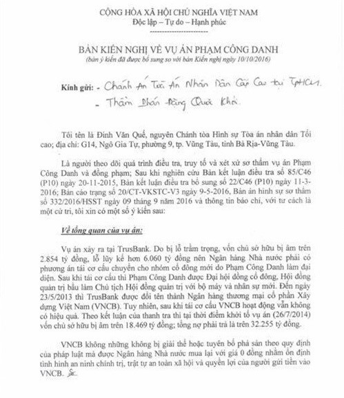 Nguyên Chánh tòa Hình sự Đinh Văn Quế tiếp tục kiến nghị