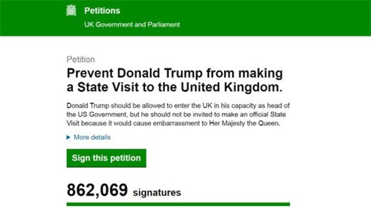 Gần 1.000.000 chữ ký phản đối Tổng thống Trump công du nước Anh